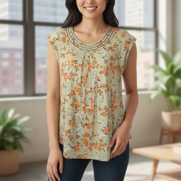 Daniel Rainn Tops - Daniel Rain Green Blouse Orange Floral Size Small Petite